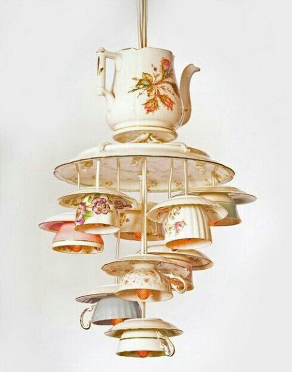 Antique pendant lights made from recycled tea cups and teapots. 