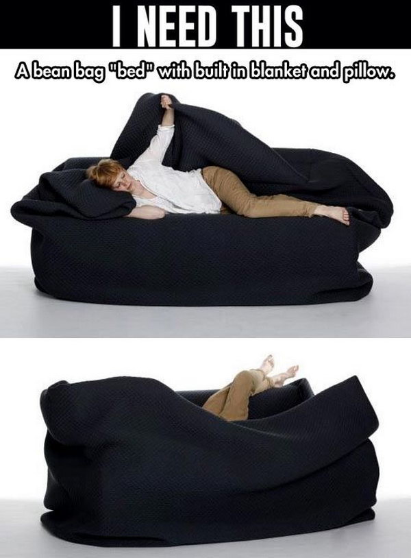 Beanbag couch with integrated cushion and blanket. 