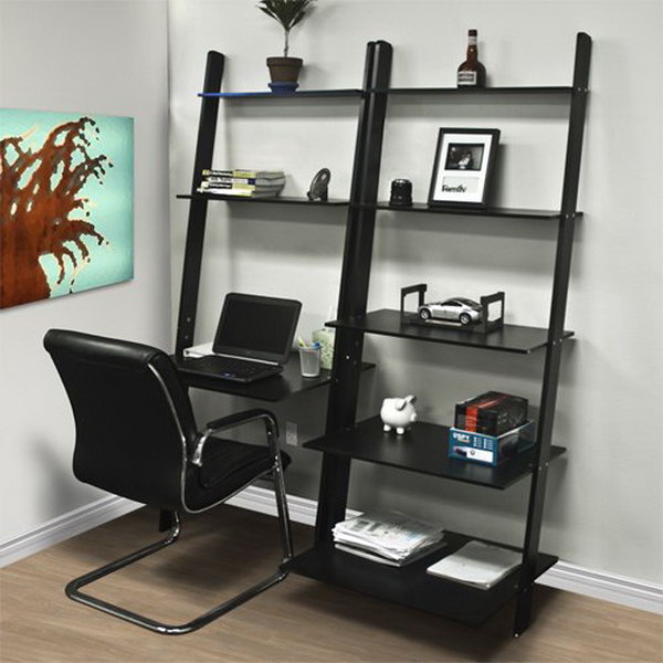 Leaning computer table with bookcase. It transforms every room into a workplace, saves valuable space and gives your entire decor a special touch. 