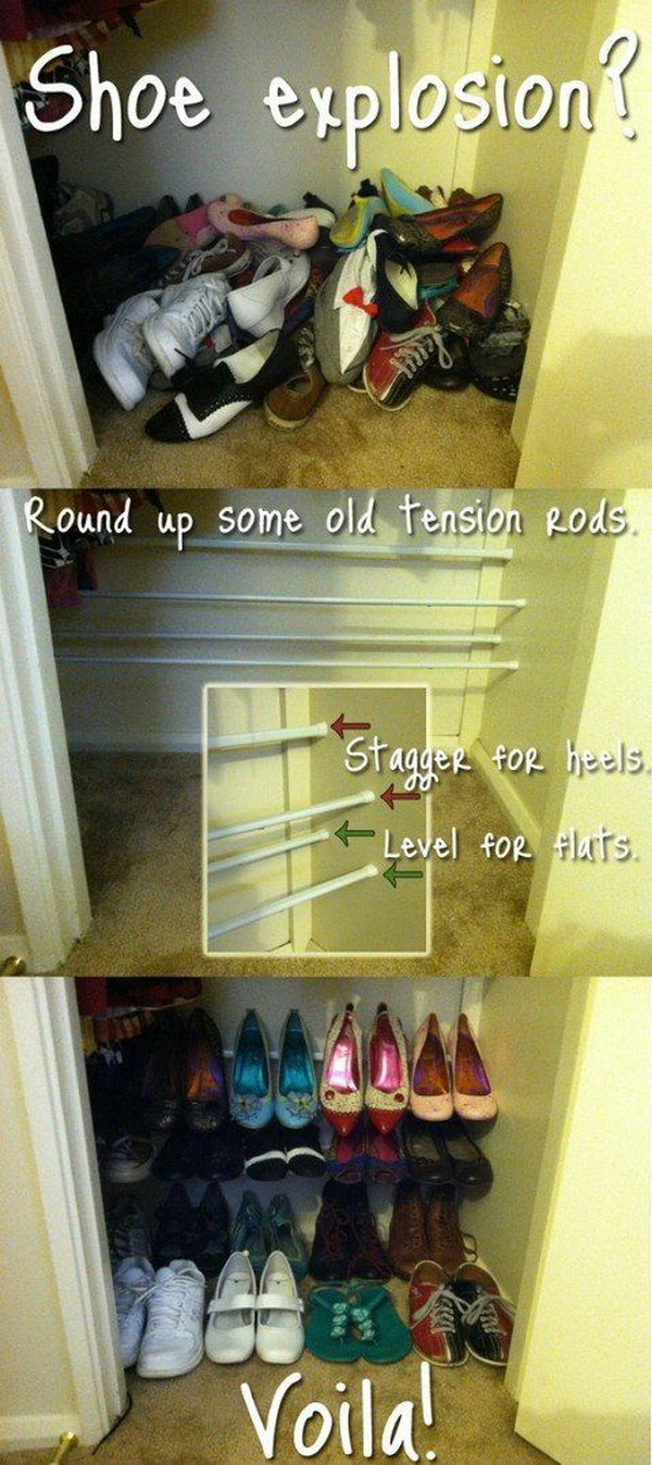     Organize your shoes with tie rods instead of throwing them on the floor