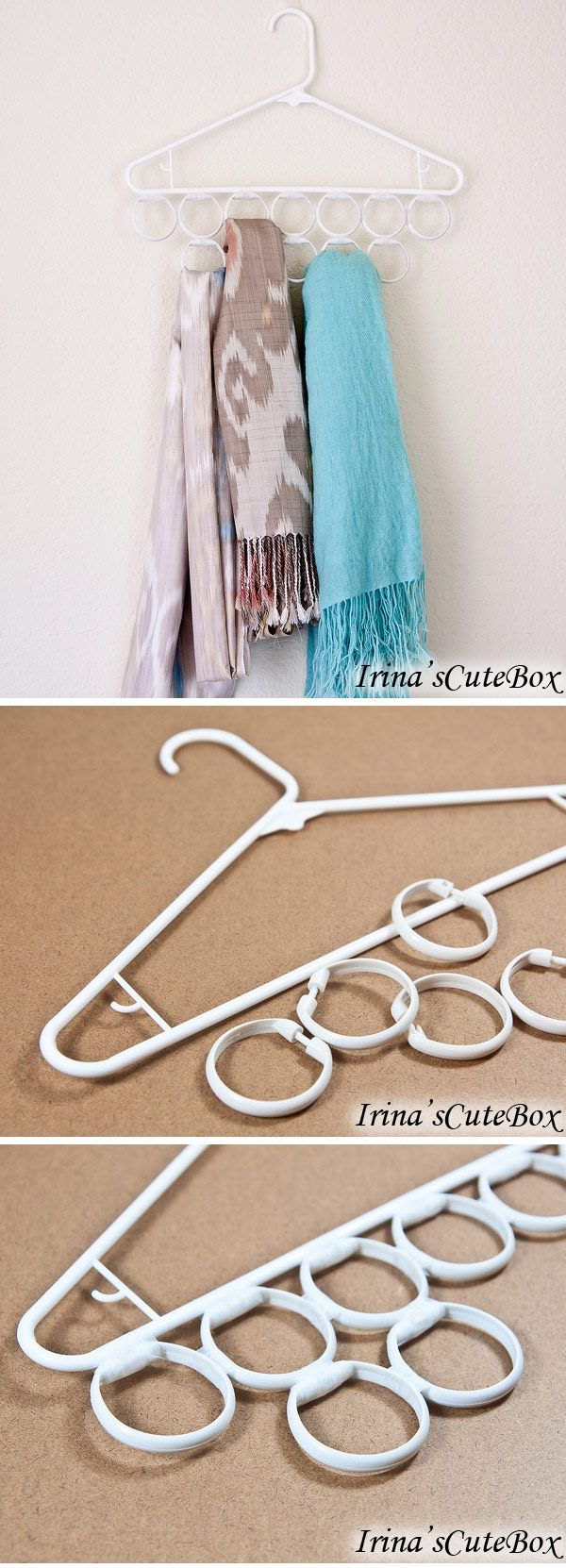 Inexpensive scarf holder made of clothes hangers and shower curtain rings