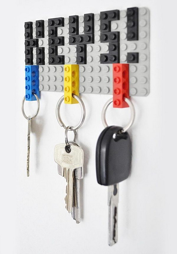 Lego key holder. This is one of the easiest and coolest DIY key holders I've seen so far. All you need are a few Lego parts to create your own customizable Lego key holder with an amazing visual effect. more details 