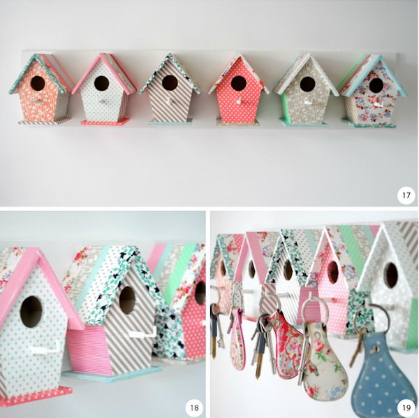 Unusual bird house key holder. If you want to give your key holder more girl touch, you've come to the right place. This key holder looks so pretty with a cute touch. The birdhouses are covered with tape with different patterns and colors. It looks good near the front door. Get tutorials 