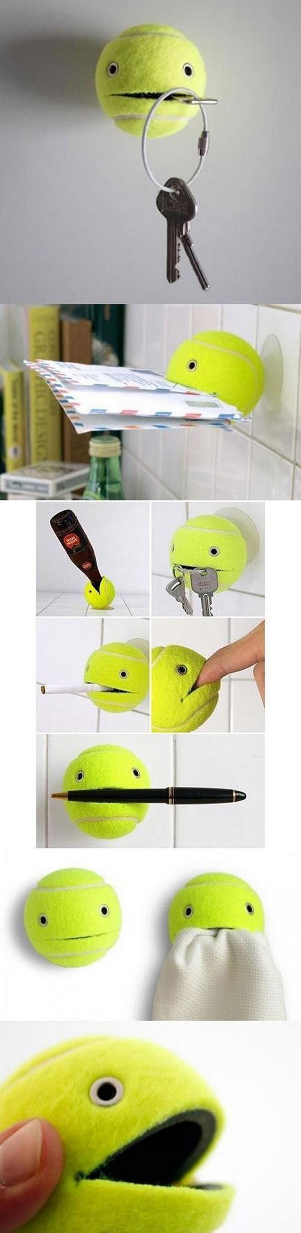 Tennis ball as a key holder. A brilliant idea to make a functional, fun and adorable key holder with a tennis ball. See the tutorial 
