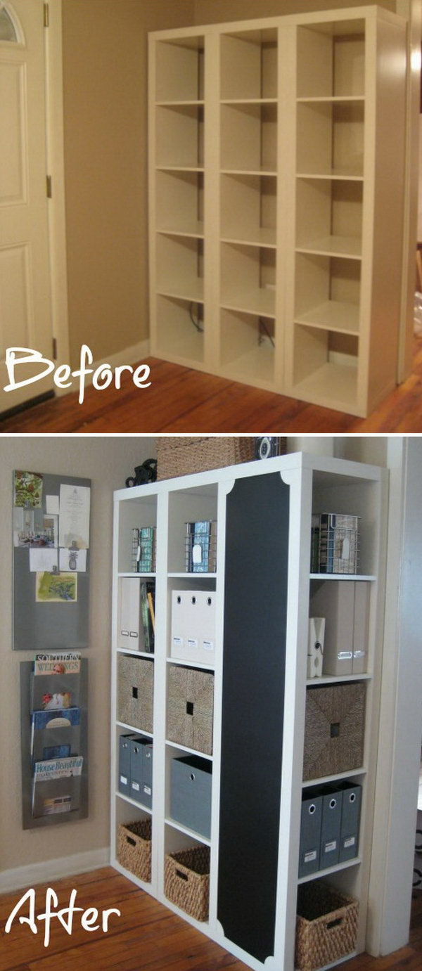 DIY command center with storage and blackboard. This creative project starts with three shelves from IKEA. If you add some blackboard paint, you get this particularly impressive, beautiful and creative command center. See detailed instructions 