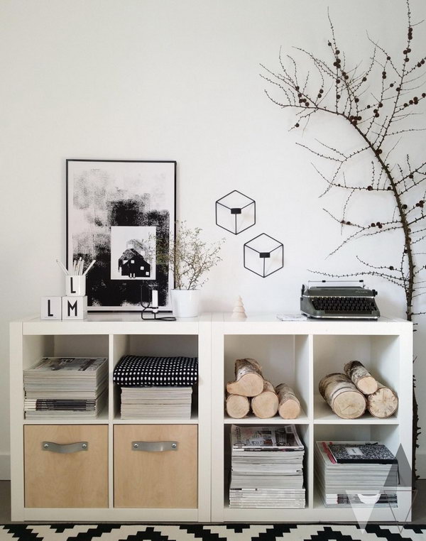     Turn the simple white Kallax shelves into storage units with natural elements.
