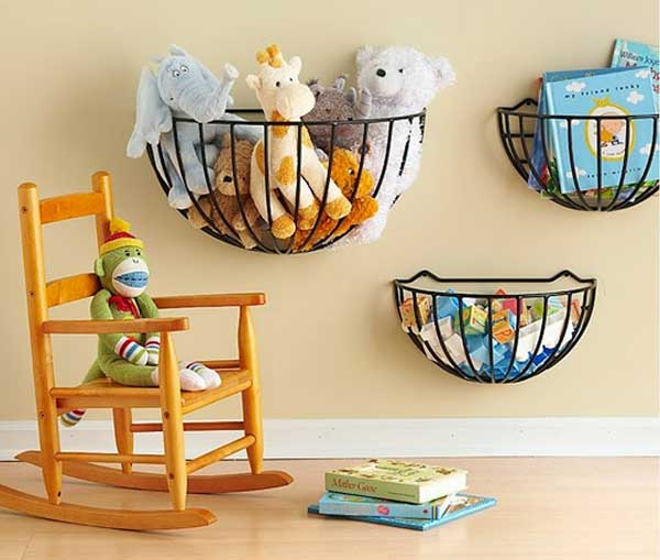 Hanging basket filled with toy storage