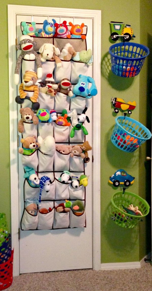 Cuddly toys in shoe organizers and hang laundry baskets for toys