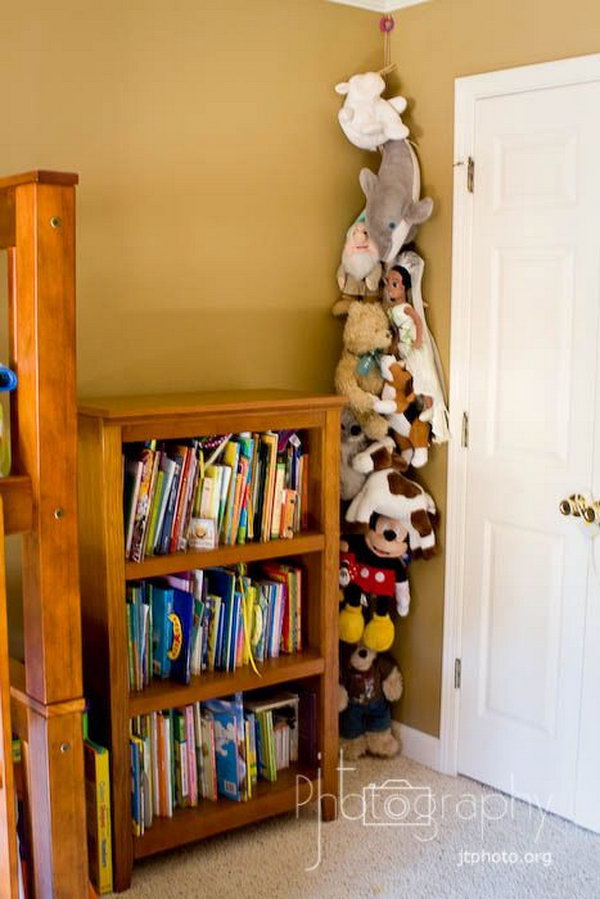 Hang a rope with clothespins for easy storage of soft toys