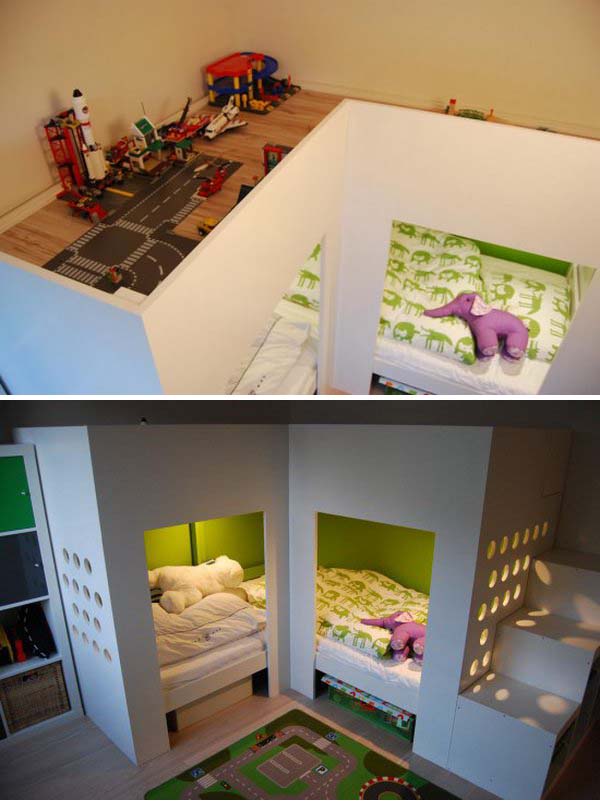 IKEA Mydal Loftbed with play area: With 2 Mydal Loftbeds, 1 Trofast storage combination, 1 or 2 cousin box storage, the parents made a bed for two boys, on which both could sleep below and thus had a playground above. You can find further instructions here 