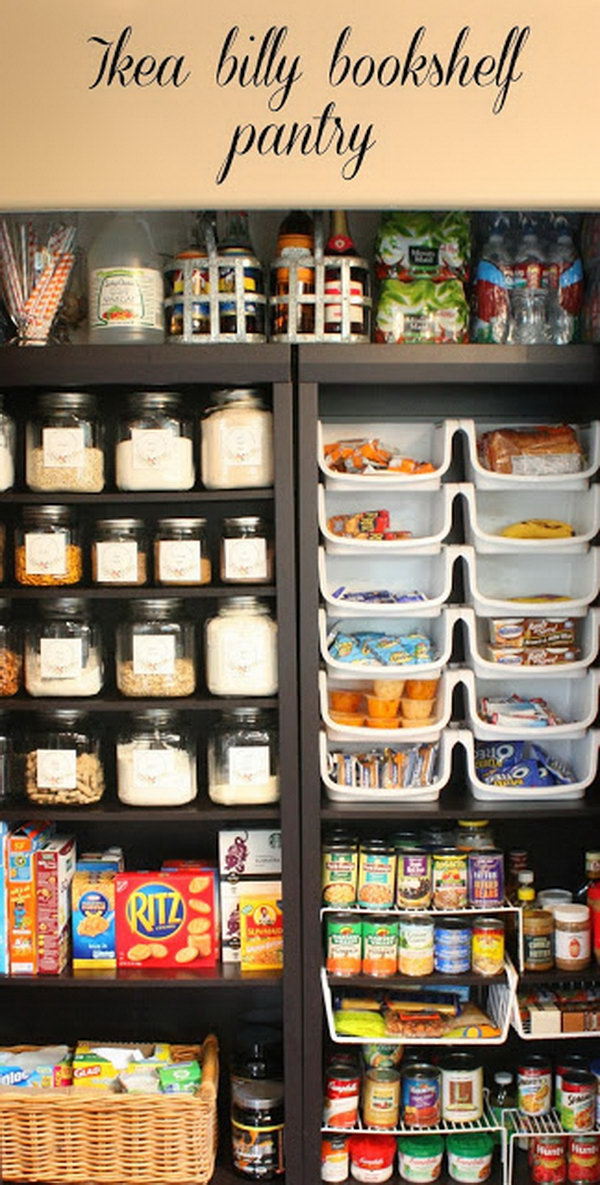 DIY pantry with two IKEA BILLY bookshelves. See more