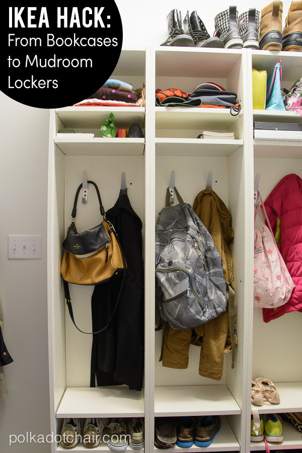     Mudroom lockers. Organize your dirty room with Ikea bookcases. Make it much easier to get out of the door in the morning! Get the tutorial.