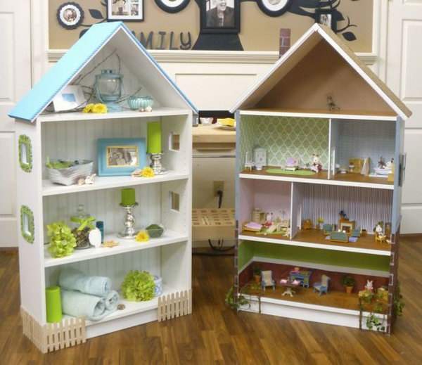 DIY doll house with BILLY bookcase. By adding a roof, a fireplace, wooden details, paint, fences, walls and even windows, the Billy Bookcase becomes a chic doll house for your little ones. Learn how to do it 