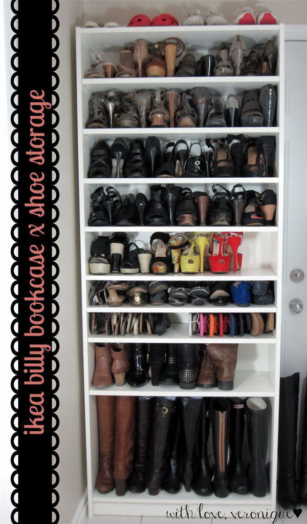 Clever shoe rack with IKEA BILLY bookshelf. Get more shoe storage by adding a few extra BILLY shelves to the simple bookcase. You can find further instructions here 