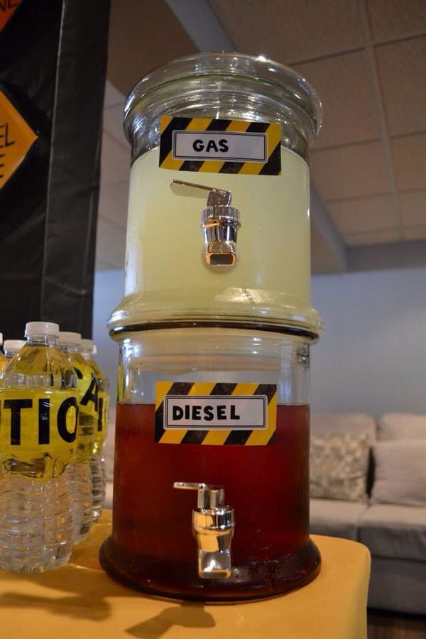 Ideas for building parties: The glass bottle with the gas and diesel label is a great idea and fits the topic very well. 