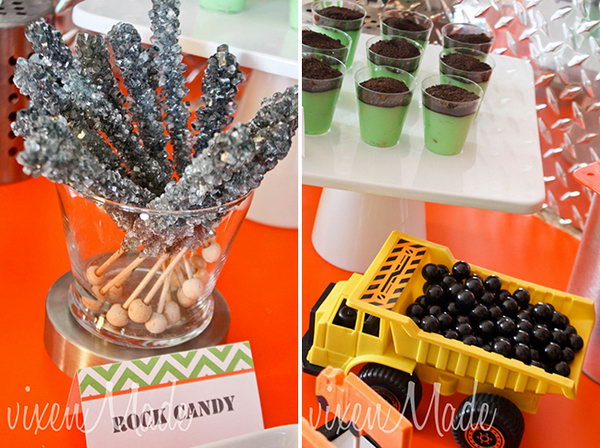 Sugar candy, black anise sweets in a dump truck and pistachio pudding cup with oreo 
