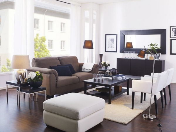With distinctive frames and shapes, mirrors can really enhance your decor. Larger or smaller wall mirrors make this living room look brighter and bigger.