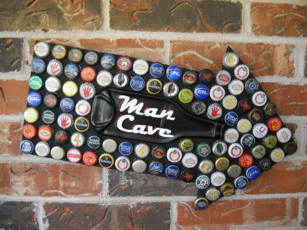 Man Cave Sign beer bottle closes mosaic with melted beer bottle 