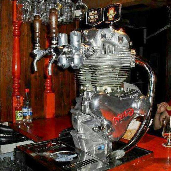 Motorbike engine beer tap