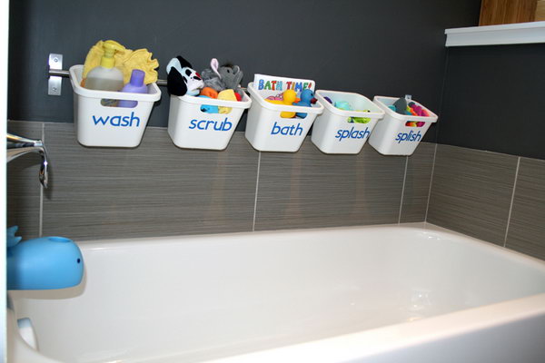 Bath toy storage from the Ikea Grundtal Rail and the Rationalell Waste Sorting Bins.