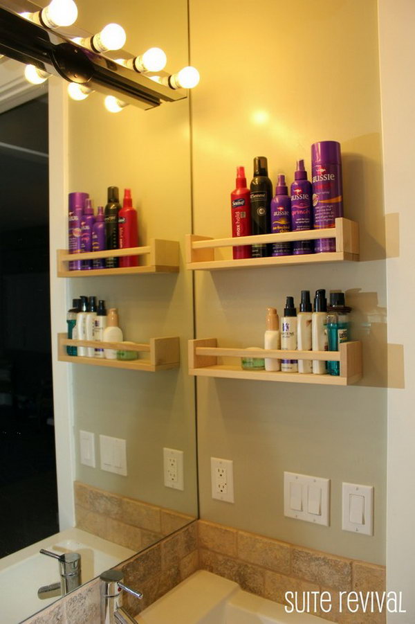 Use spice racks for toiletries to store hair products, lotions, etc. in the bathroom. 