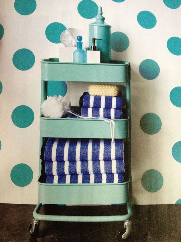     Plastic kitchen trolley as a storage place for bathroom items.