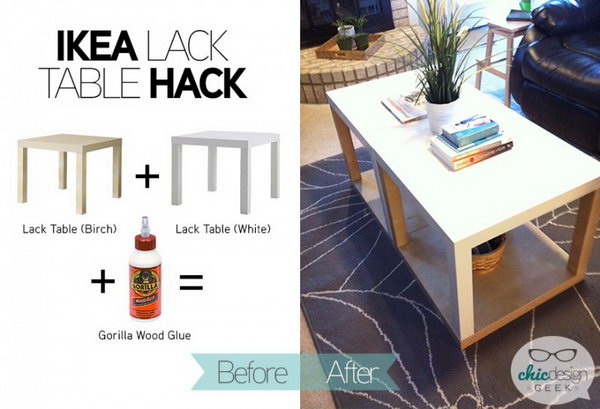 Ikea Table Hack with more storage space. You can easily combine two simple IKEA LACK tables into a larger one with more storage space. If you want to remove the top, you can put things under the bottom shelf. Learn more 