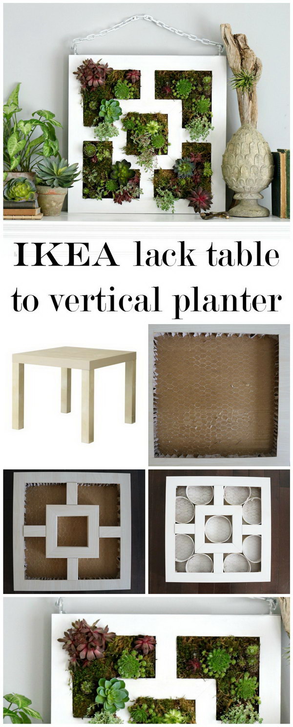 Vertical juicy garden planter. Use the table top of an IKEA lacquer table to make this beautiful juicy planter. It is a perfect decoration for your garden, whether you hang it or lay it flat on a patio table. See how to do it 