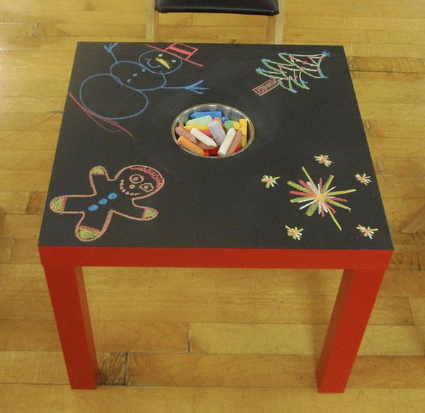 DIY chalkboard table for kids. The table table for sale is very expensive. Here's a creative idea on how to make a cheap and simple table table with IKEA LACK table. I love the design of the chalk storage in the middle of the table. I haven't found the detailed tutorial for this project, but I think it is very simple and you can create it according to the picture. 