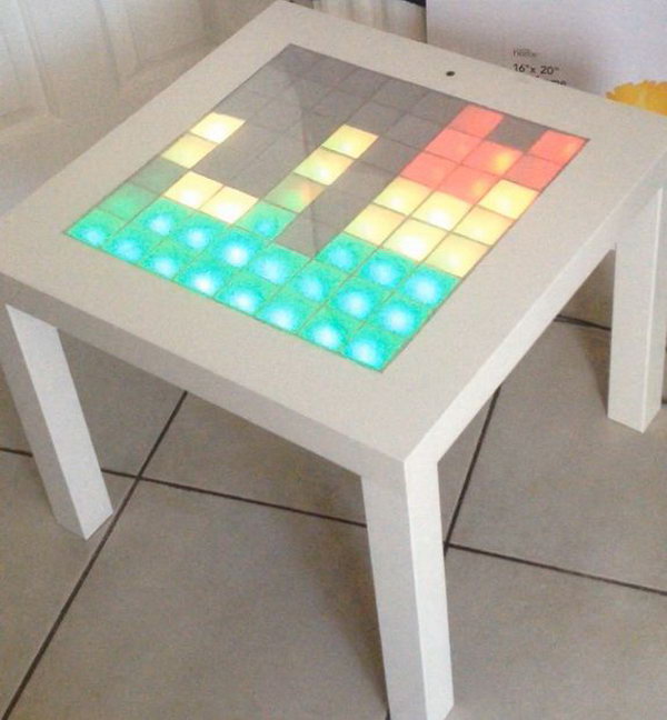 IKEA Hack Music Visualizer table. With little imagination, we can have the coolest music visualization table with a simple IKEA LACK table and some LED lights. When music is playing nearby, it lights up. Do you want to own one? You can find the full tutorials here. However, you should know in advance that this project is very labor intensive. But it turns out to be very fabulous.