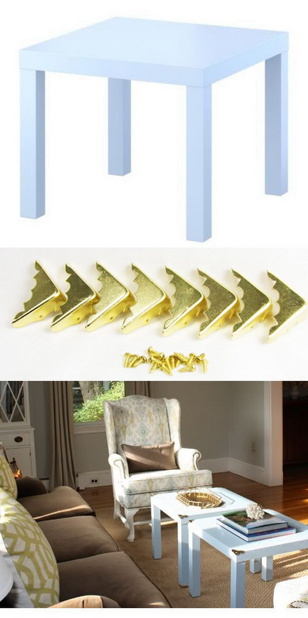 DIY campaign style side tables. These simple gold brass corners give this simple table a campaign style and make it look expensive and beautiful in the living room. Yes? However, you should choose the right color of the table that matches the overall style of the rest of the furniture in your room. You know that this is the easiest way to customize your LACK table. You can get the full instructions  