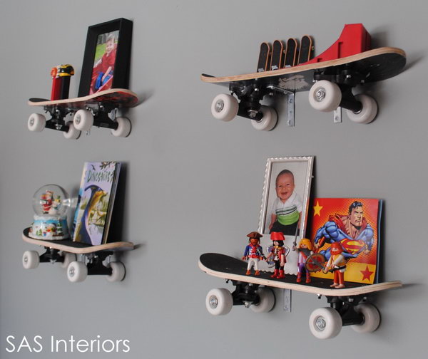 Repurposed Skateboard Shelves: Install shelves with old skateboards in the nursery, you can get a space that is unique and different. The shelves are very decorative and at the same time very functional. more details 