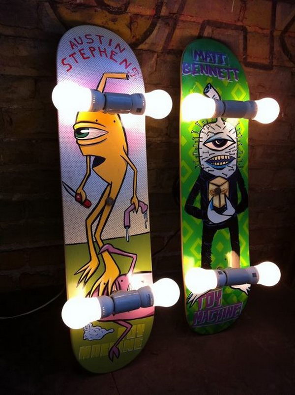 Awesome Repurposed Skateboard Lights: What cool and decorative skateboard lights, they will surely improve the atmosphere of a room. Be great for the children's playroom or bedroom. 