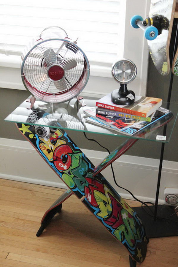 Skateboard table: This is a cool skateboard furniture that is suitable for a side table in a teen's bedroom or playroom. Very impressive and striking. 