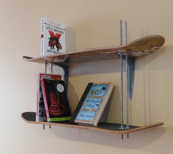 Skateboard Bookshelf: This height adjustable bookshelf was made with some old skateboard decks, threads and some screws and is easy to build. I like that the height is adjustable and the entire thread works as a booker. See the instructions 