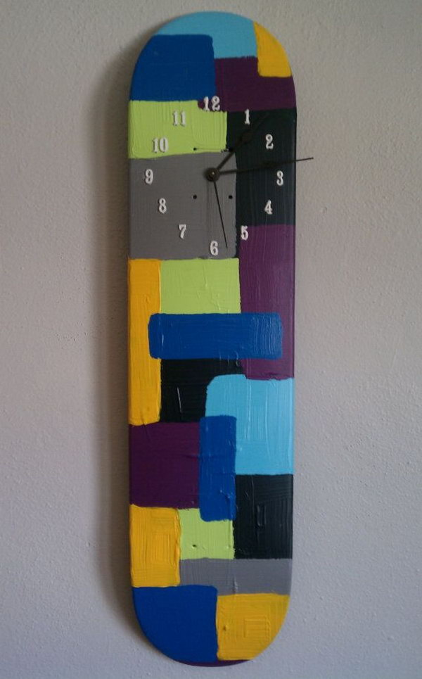 Repurposed Skateboard Deck Wall Clock: If you have a broken skateboard you don't need to worry because you can make this easy to make but extremely cool wall clock. more details 