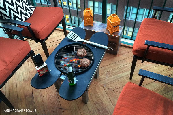 Skateboard Deck Grill: This skateboard deck grill is a crazy, amazing thing for a small space. What could be nicer than sitting down to enjoy your beer and grill on your little patio when you don't even have to go outside. more details 