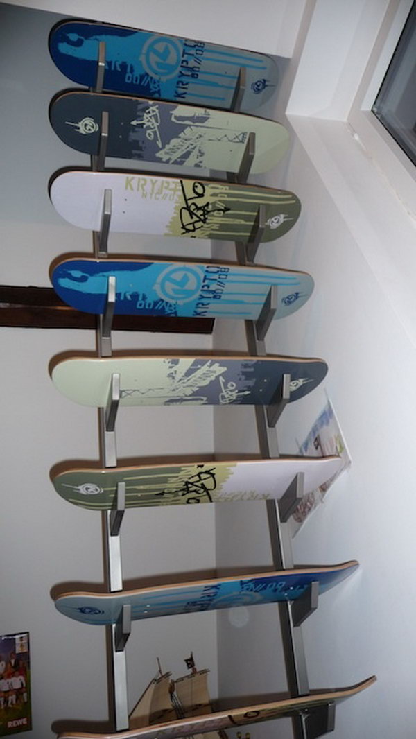 Stairs made from recycled skateboard decks: If you don't want to spend a lot of money on your new stairs, you can make them with recycled skateboard decks. And the result is that you can have the coolest stairs that make your friends jealous. 