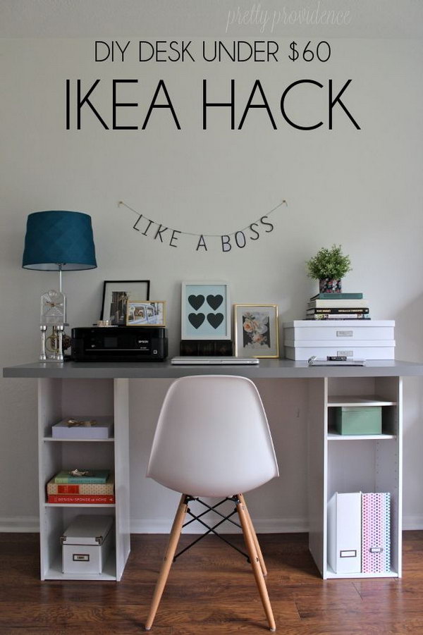 DIY IKEA Hack Desk under $ 60. Get two small Target bookcases ($ 18 each) and a large butcher block table top or IKEA countertop. Then you can create this unique, functional and decorative desk for your home. Read all about it in this very creative blog