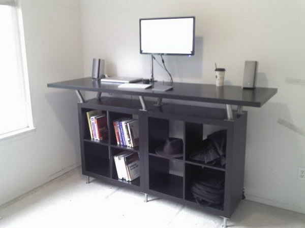 Ikea standing desk. Have you thought about having such a computer desk in your office without breaking your bank? Get inspired by this IKEA hack. All you need is an EXPEDIT storage system, CAPITA legs and a VIKA AMON table top. More details and instructions 
