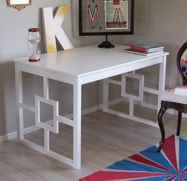 IKEA Chic Modern Desk. See how the Matsutake blog transformed Katie from a simple and unfinished IKEA Ingo dining table into a beautiful, chic, modern desk with white color and a little bit of a puzzle.