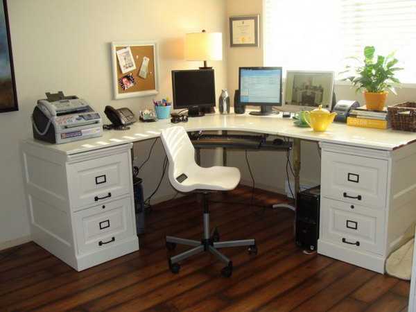 Pottery Barn Inspired Desk. A desk was created inspired by Pottery Barn. All you need for this project is an effective IKEA desk and a pair of wooden filing cabinets. Get the tutorials 