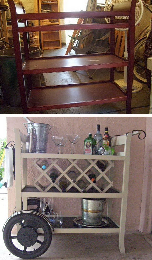 DIY Wine Bar Cart.A little color for a changing table and turn it into a great new wine cart bar with wheels and metal scrolls. You can find all the details here.