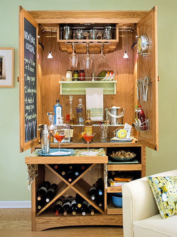 Unfinished storage cupboard turned into a wine bar. 