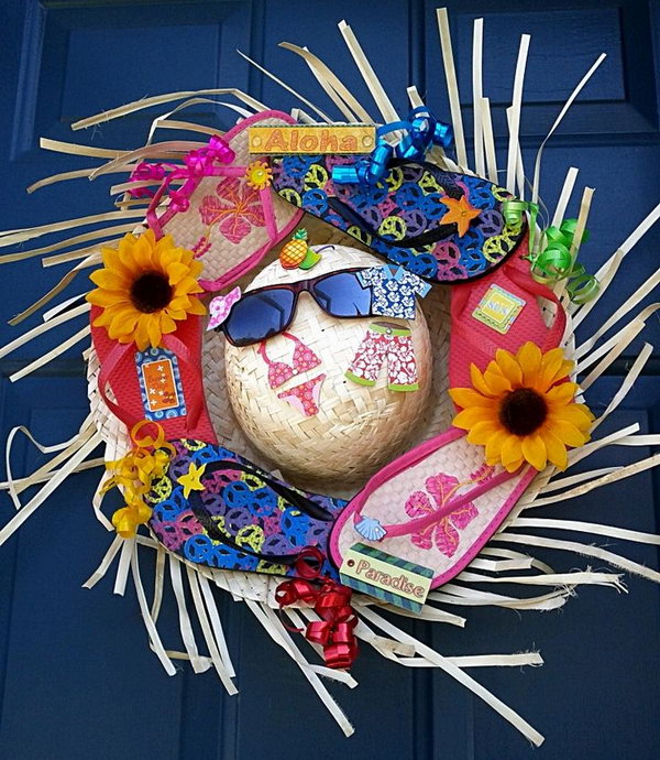 Fun flip flop summer wreath. Flip flops, sunglasses, shorts and hats have always been a sign of summer. Add a touch of color to your home this summer with this creative and fun flip-flop wreath on your door. 