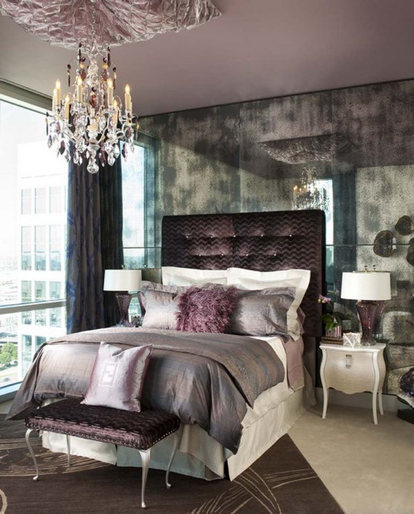 Luxury Purple Everywhere: The hand-blown glass pendants in rich purple, the headboard and the bench made of purple tufted velvet and the amethyst glass lamp scream glamorously in a romantic, luxurious way. 