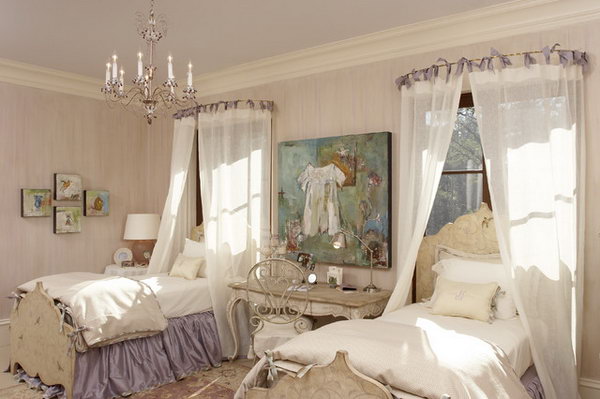 Lavender Princess Bedroom: The color palette in pink, lavender and purple in this color makes a refined and beautiful room. The canopy idea with bars can be used in a room that is not perfectly symmetrical. And other details such as the chandelier, the carpet or the bed linen are anything but brilliant to complete the beautiful room.
