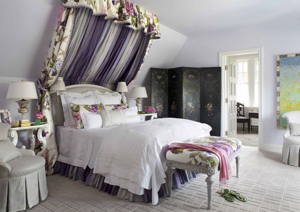 Tufted bed with the stripe of lavender flowers chintzes