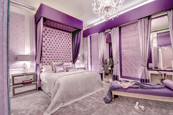 Light silver with purple bedroom: I love everything. The colors of the decor and design such as the high tufted bed with the streak of dark purple near the ceiling and the lighter purple underneath, the high headboard and the walls. This room looks like a room for a young princess.