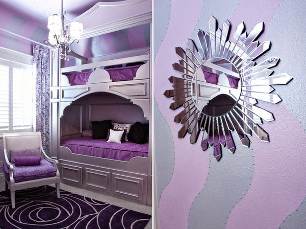     Pretty vintage look. This bedroom exudes glamor with its mix of purple hues and reflective materials and surfaces.